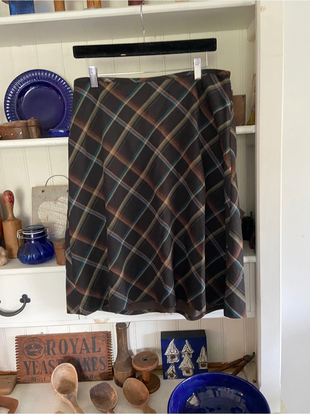 Ann Taylor Brown Plaid A-Line Skirt with Blue Accents